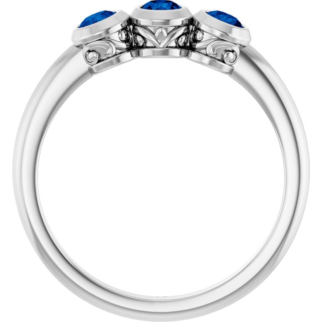 14K White Natural Blue Sapphire Three-Stone Bezel-Set Ring